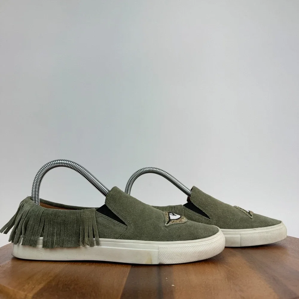Womens Figue Olive‎ Suede Beaded Eye Fringe Slip On Shoes Sneakers Size 37 US 6